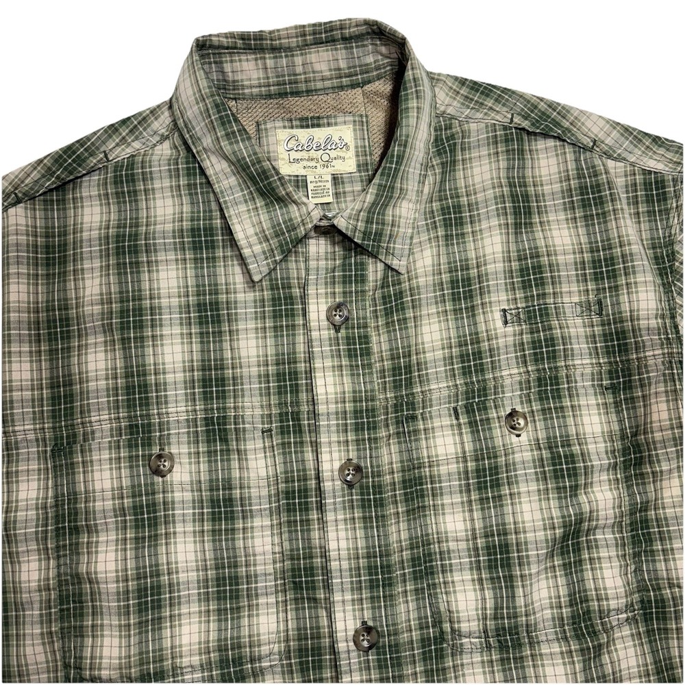 Cabelas Roughneck Shirt Mens Lโ Coolmax Vented Button Outdoor Hiking Green Plaid